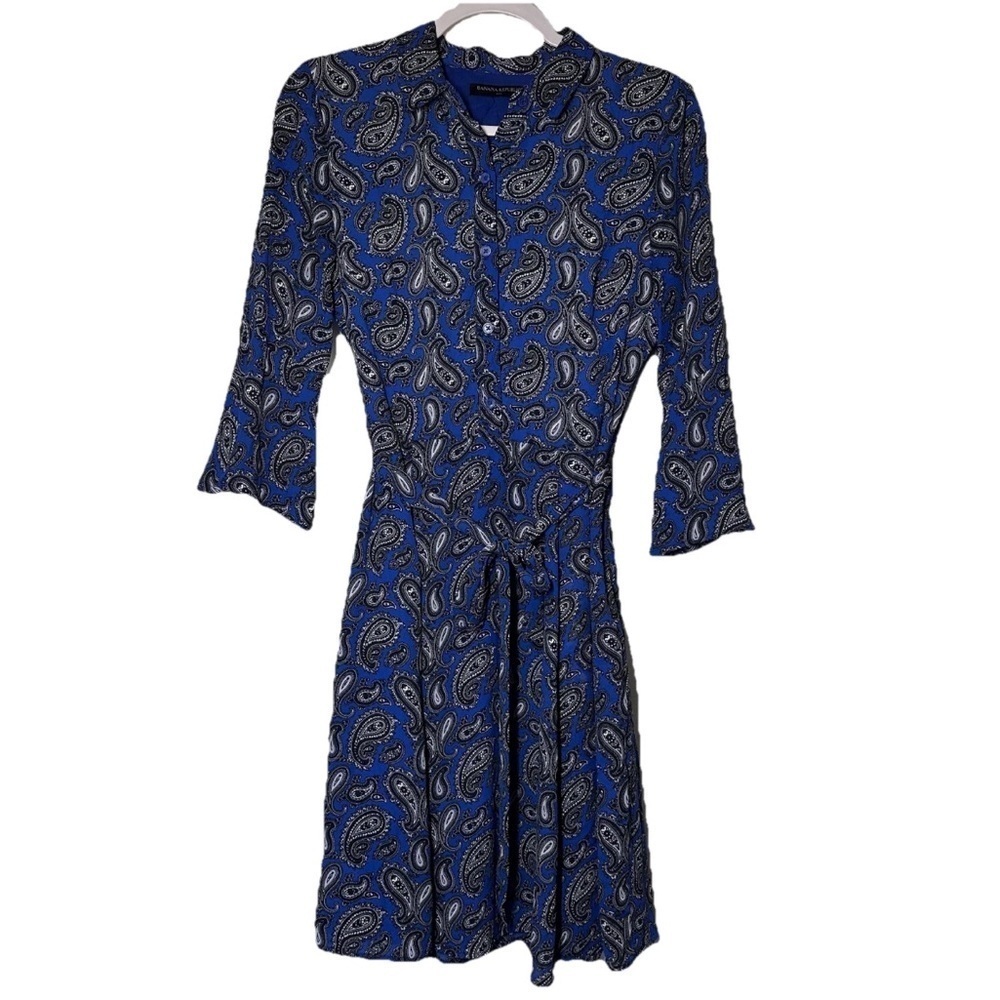Banana Republic Career Dress Women's Size 4 Blue Paisley Print Belt Bell Sleeve - Picture 2 of 12